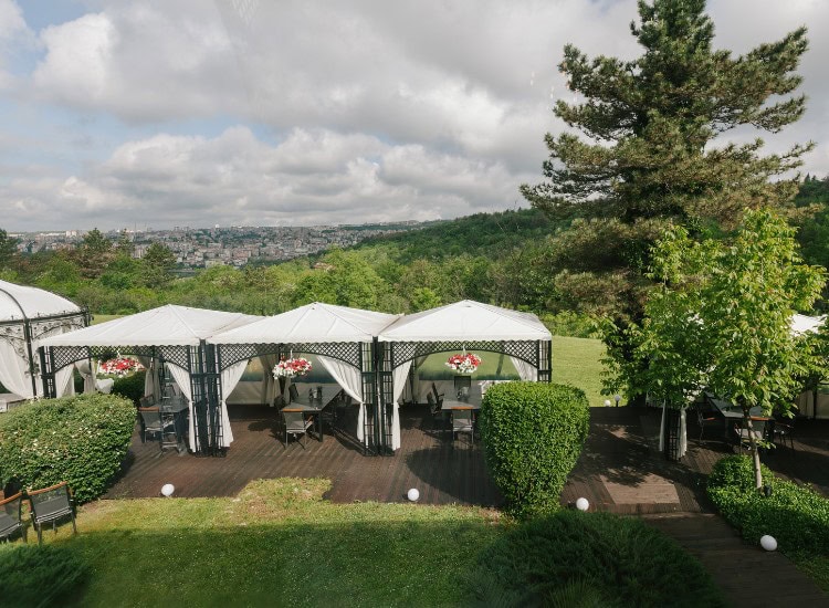 View to the village of Hillview Bulgaria with luxury awnings and green natural decoration.